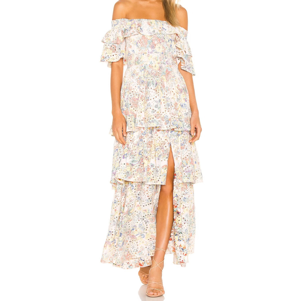Kendall + Kylie Anglaise Maxi Ruffle Dress in Collage Floral, Size 8/10